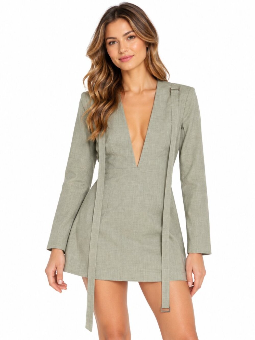 PLT LABEL Structured Blazer Mini Dress Deep V Neck Straps Sage Light Green 6